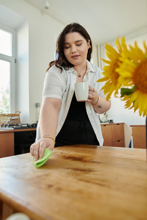 A joyful woman tidies up her kitchen while savoring a warm cup of coffee.
