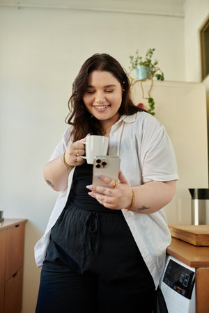 A plus size woman savoring coffee and browsing on her smartphone.