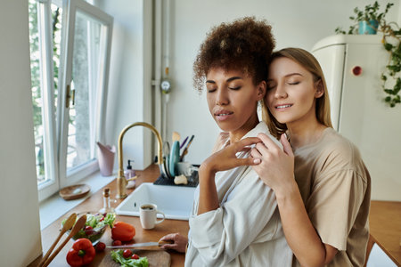 A joyful couple intimately prepares a meal in their inviting kitchen.の写真素材