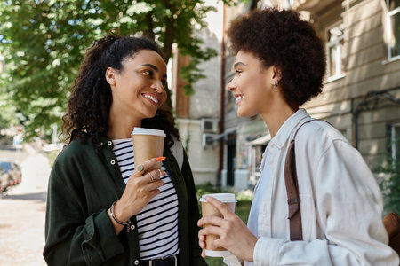 Two joyful women share laughter and caffeine while exploring the outdoors in their vibrant neighborhood.の写真素材