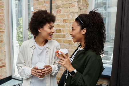 Two happy women share laughter and coffee, enjoying precious moments during their hotel stay.