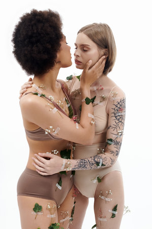 Two women share a tender moment, adorned with flowers, symbolizing their love.の写真素材