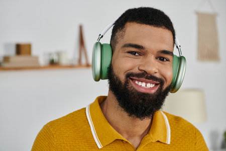 A cheerful man relaxes at home, enjoying music with headphones on.の写真素材