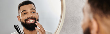 A smiling man styles his beard while admiring himself in the mirror.