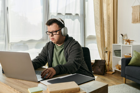 A man with Down syndrome studies intently on his laptop at home.