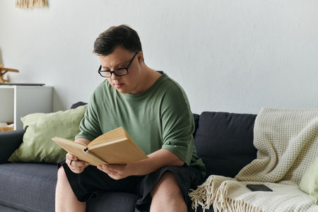 Engaged man with Down syndrome enjoys reading a book on a comfortable sofa.の写真素材