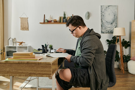 A young man with Down syndrome focused on his studies at a cozy home workspace.