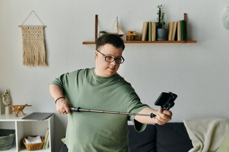 A young man with Down syndrome joyfully captures a selfie in his cozy living room.