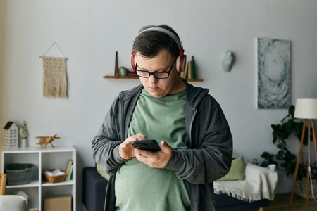 A young man with Down syndrome listens to music while focused on his smartphone.の写真素材