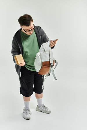 A young man with Down syndrome explores his backpack and holds a book at home.