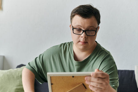 A young man with Down syndrome creates art while seated comfortably in his living space.の写真素材