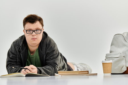 A young man with Down syndrome relaxes on the floor, studying with books and a coffee nearby.