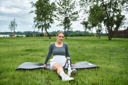 A young woman in sportswear exercises outdoors, embracing nature and her active lifestyle.