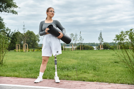 A young woman in sportswear confidently holds a yoga mat while embracing the outdoors.の写真素材