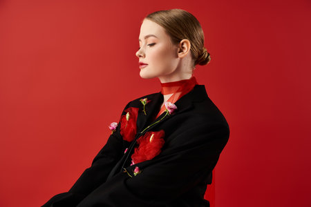 A beautiful young woman adorned with flowers exudes elegance and poise.の写真素材
