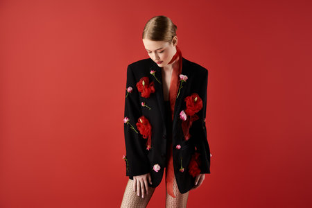 A graceful young woman stands adorned with flowers, exuding charm and confidence.の写真素材