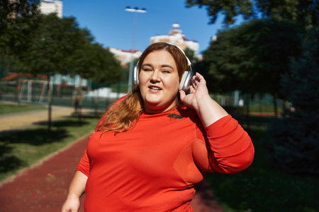 A beautiful plus size woman enjoys her workout outdoors in bright sunshine.の写真素材