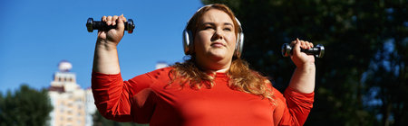 A confident plus size woman lifts weights while enjoying her time in the park.