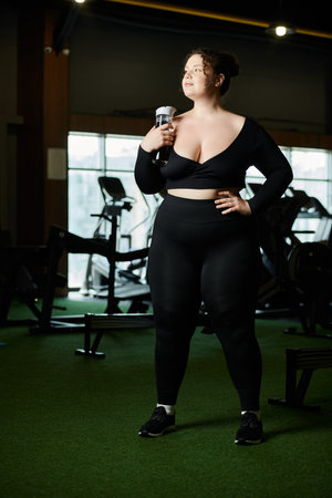 Confident young woman in active wear proudly working out, showcasing strength and body positivity.の写真素材