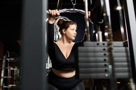 A plus-size woman showcases body positivity as she exercises in stylish activewear at the gym.