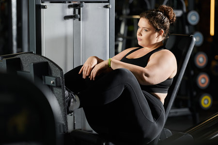 A young woman exercises in active wear, embodying strength and body positivity in a vibrant gym...