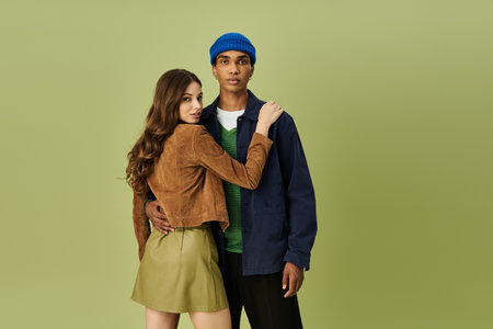 A stylish couple showcases their autumn fashion while enjoying each others company.