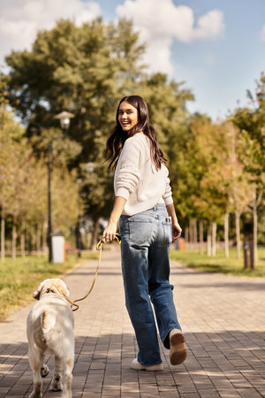A joyful woman dressed in cozy autumn attire strolls through the park, holding her dogs leash.の写真素材