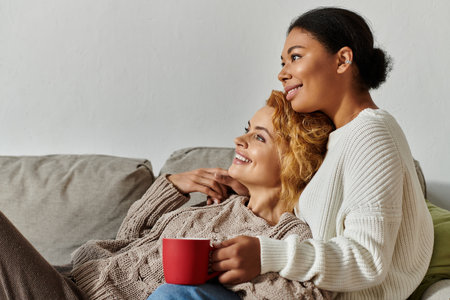 Two women share a tender moment at home, enjoying each others company and a warm drink.の写真素材