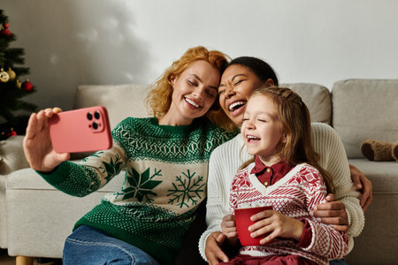 A vibrant celebration of love as a couple shares laughter with their daughter in a cozy setting.