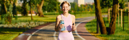 A young woman smiles while jogging through a vibrant park.
