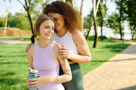 Two women share a tender moment together while relaxing outdoors.の写真素材