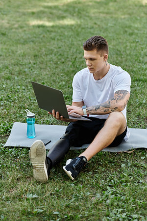 Tattooed young man with prosthetic leg using laptop and sitting on fitness mat, digital nomadの写真素材