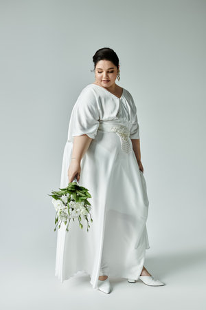 A stunning plus size bride gracefully holds her bouquet, showcasing elegance in a flowing white dress.の写真素材