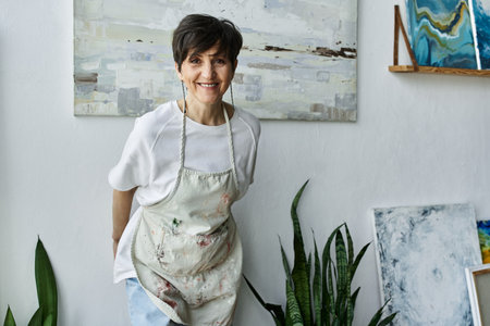 A passionate painter embraces creativity in her bright art studio.の写真素材