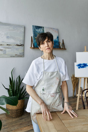 A skilled painter thoughtfully engages in her craft.の写真素材
