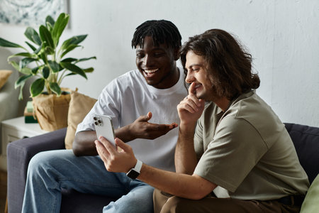A couple shares laughter and smiles while enjoying time together at home on their phone.の写真素材