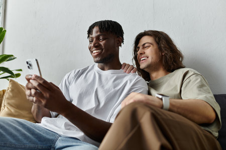 Two partners sit closely on a sofa, sharing a joyful moment as they look at a phone screen.の写真素材