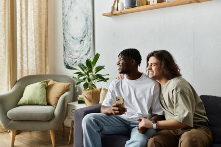 Two partners enjoy each other while relaxing in their inviting home space.の写真素材