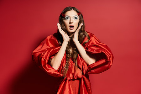 A stunning young woman expresses surprise in a vibrant red dress with dramatic sleeves.