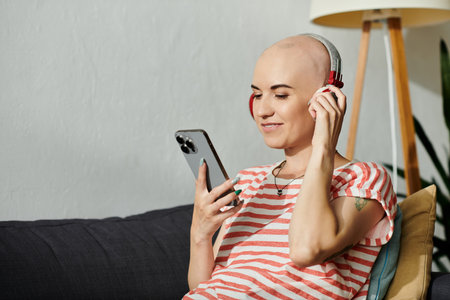 A young bald woman smiles while listening to music through headphones in her home.