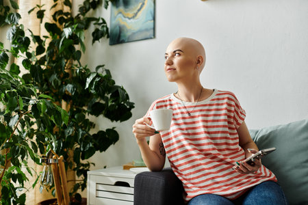 A young woman with alopecia sits comfortably, savoring her coffee and contemplating her day.