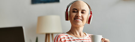A bald woman relaxes in her cozy living room, sipping tea and immersed in music.の写真素材