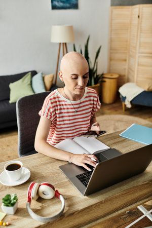 A young bald woman focuses on her work, connecting with her creativity in a cozy workspace.