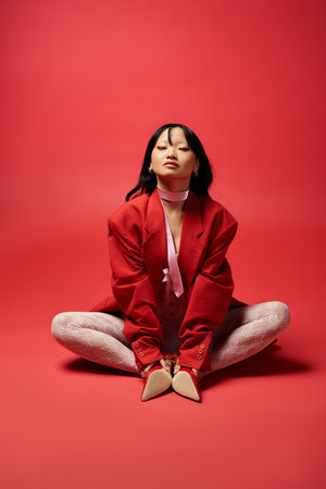 An elegant Asian woman exudes confidence while seated on a red backdrop, showcasing her style.の写真素材