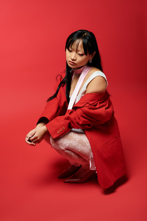 A stylish Asian woman in a bold red jacket squats gracefully, deep in thought.の写真素材