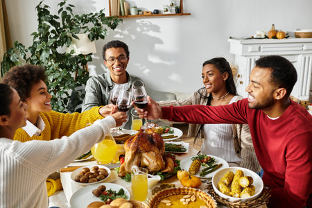 A group of friends gather around a beautifully set table, sharing food and stories on Thanksgiving.