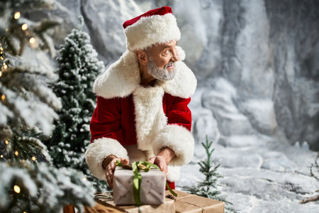 A cheerful figure in a red suit brings holiday joy by presenting a beautifully wrapped gift.