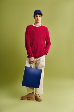 A trendy young man with curly hair enjoys Black Friday shopping while holding colorful bags in the...