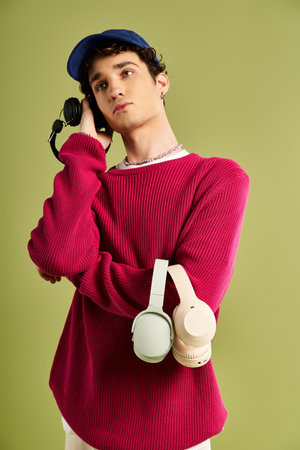 A young man captivates with his charming pose, wearing a pink sweater and holding headphones on a...