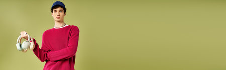 A handsome young man in a pink sweater stands proudly on a pastel green background, showcasing his style.の写真素材